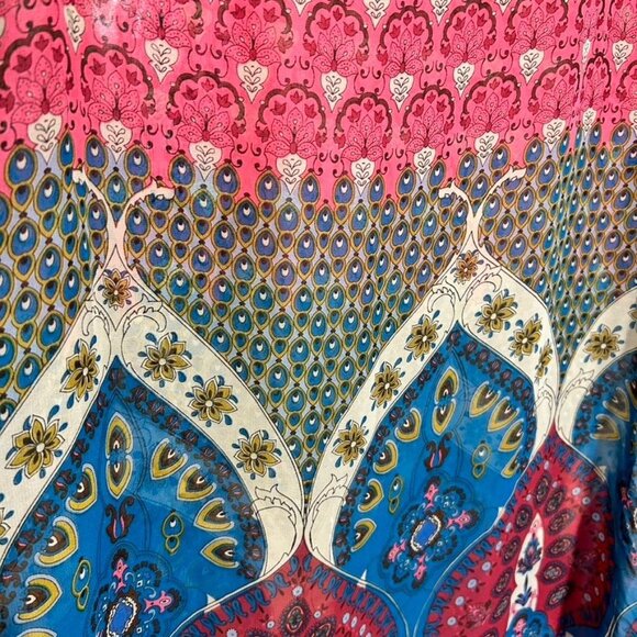 Pink Owl Multicolor Boho 3/4 Sleeve Hi-Low Semi Sheer Sheath Dress  - Sz M - Picture 3 of 5